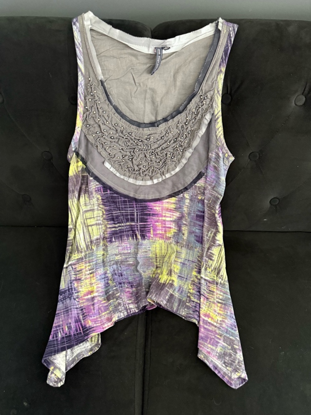 Beaded Scoop Neck Handkerchief Hem Tank Top - Purple Multi